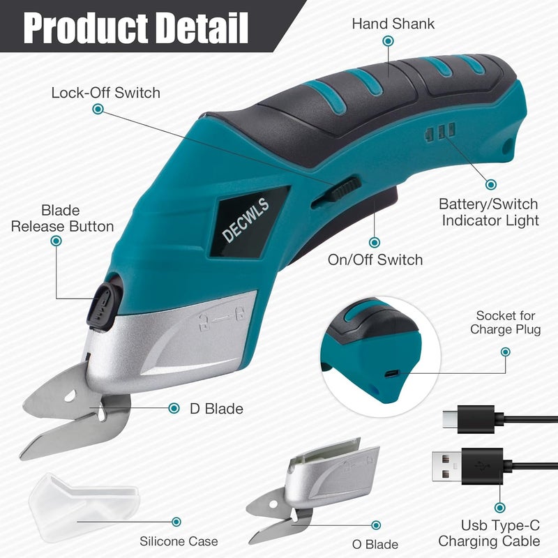 Decwls Cordless Electric Scissors for Fabric with 3 Blades, 4V Rechargeable Powerful Shears with Safety Lock Suitable, Cardboard Scissor Cutting Tool for Carpet Fabric Cardboard Leather -Blue - Image 3